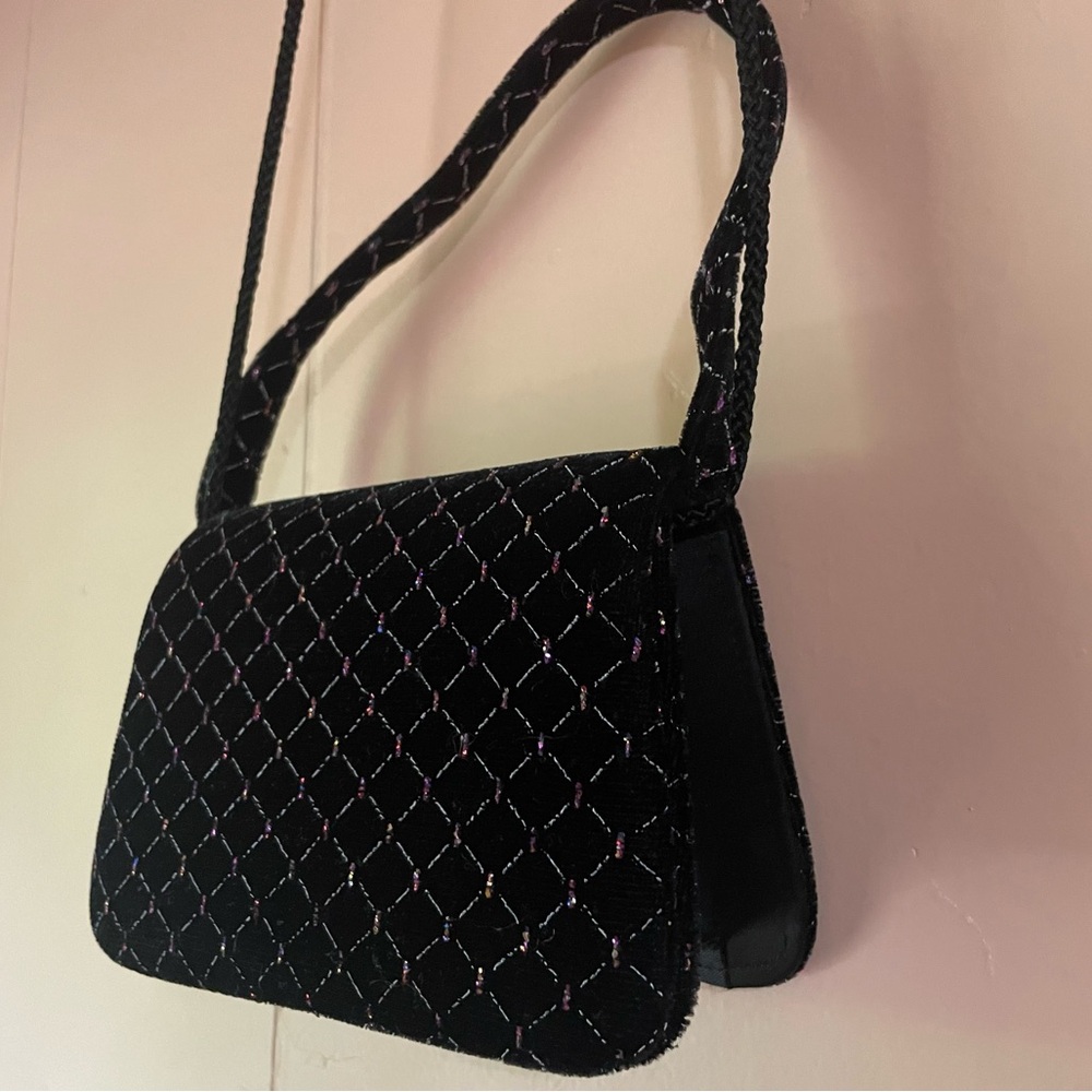 La Regale Elegant Black Quilted Velvet Beaded Women's Evening Handbag